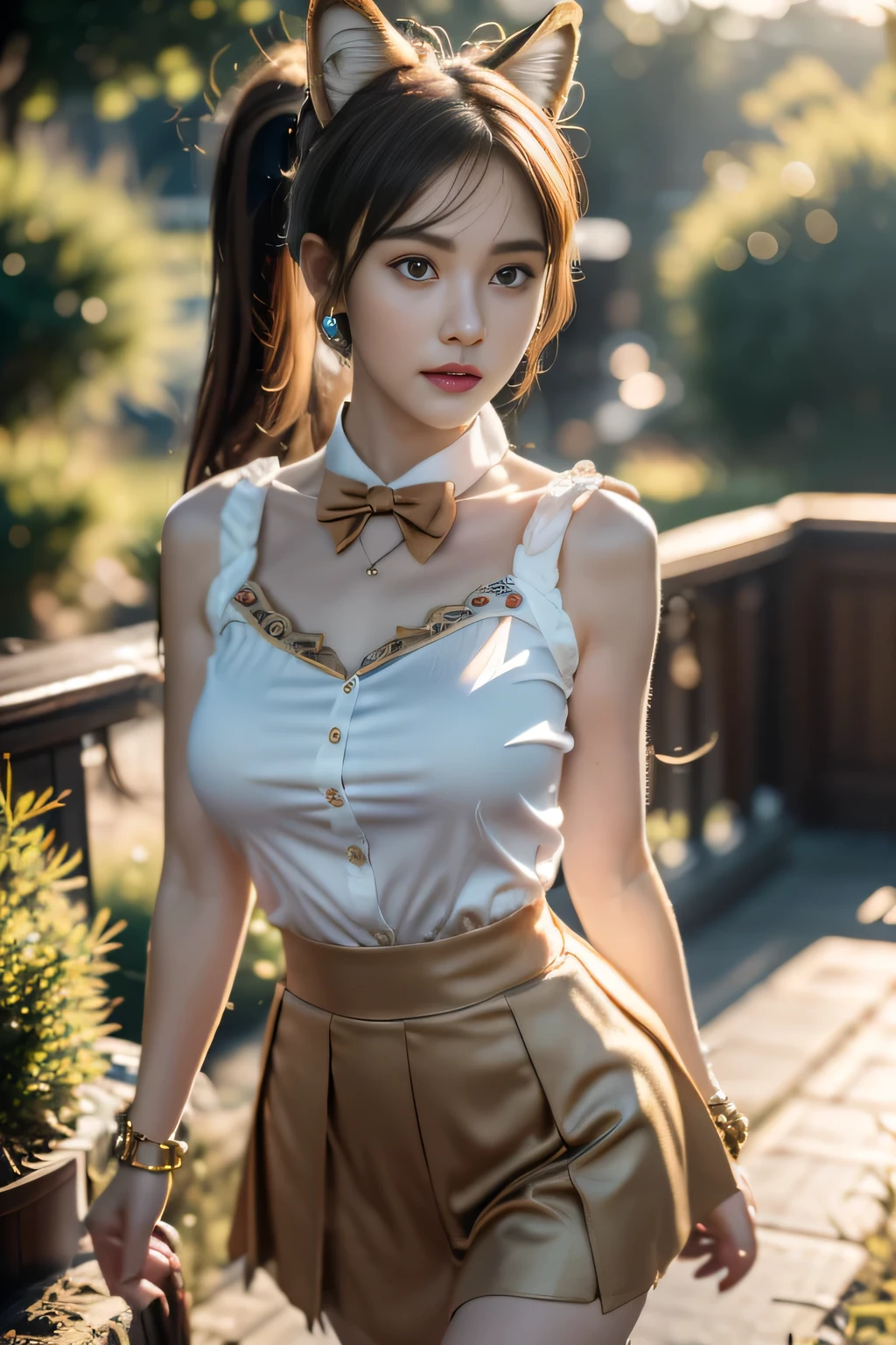 masterpiece, best quality, Ultra DeTailed, RAW photos, (Reality:1.4), High-speed rail Dingyun line, 1 Girl, Solitary, Bangs, (Fox ears), Medium breasts, Garment cutting, cleveage cutout, Animal ears, Fox Girl, brown skirt, ponyTail, bow tie, skirt, (bracelet), Jewelry, cleveage, Separate sleeves, (blue bracelet), White sleeves, shirt, sleeveless shirt, Gold trim, brown skirt, (Tail, fox Tail), earrings, Dynamic Angle, Outdoor deep forest