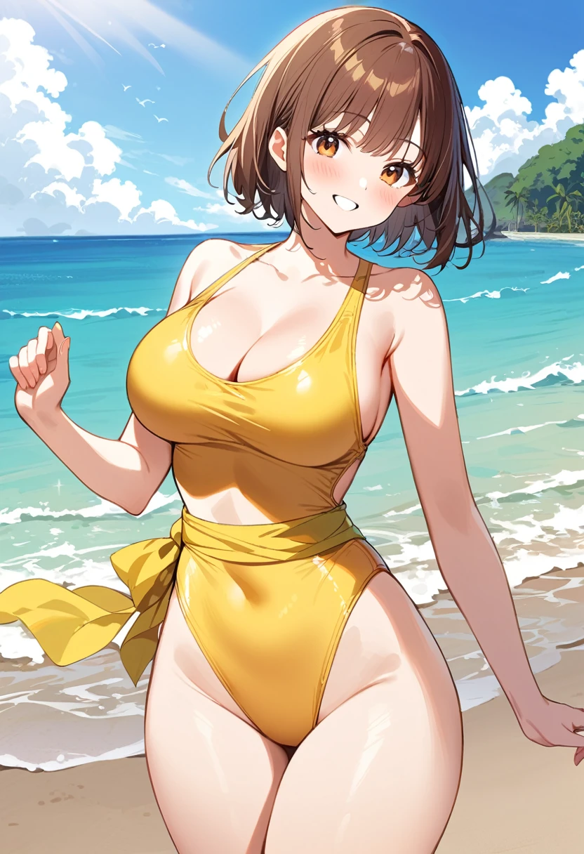 One girl, Brown short hair, Brown eyes, Cowboy Shot, Yellow swimsuit, Yellow sash, One piece swimsuit, smile, blush, Beach, Large Breasts, Open-necked swimsuit, High leg plunge swimsuit