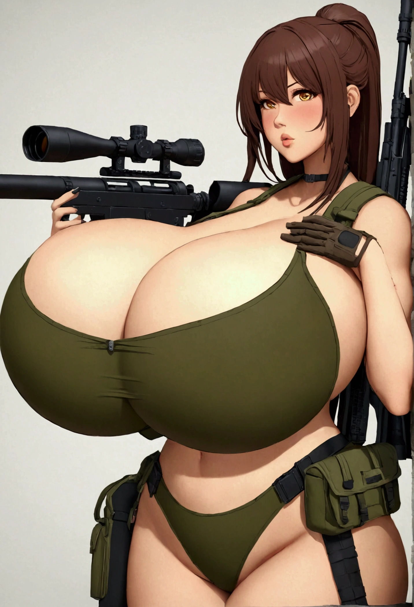 busty sniper holding a sniper rifle, gigantic breasts, giga_busty
