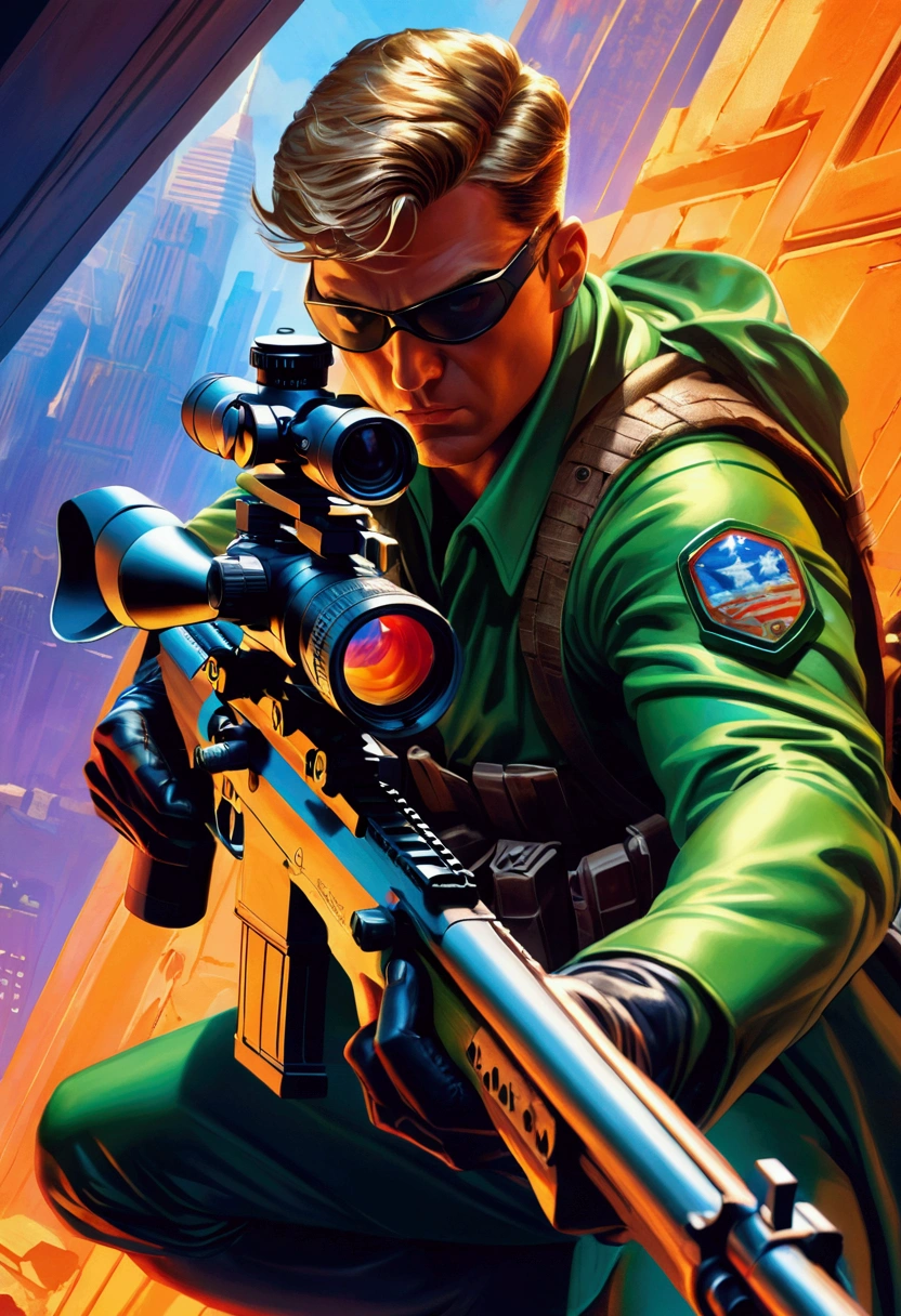 aiming Sniper, by Alex_Ross, comic style, full body, cinematic still, (best quality, masterpiece), very aesthetic, perfect composition, intricate details, ultra-detailed, vivid colors