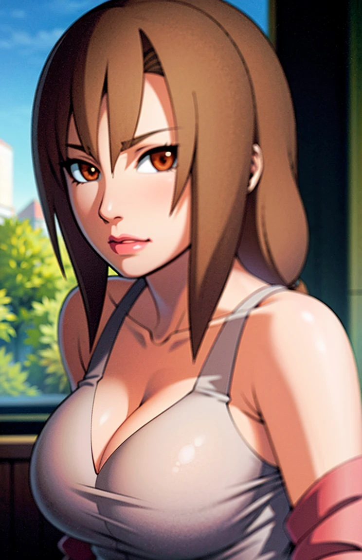 tmasterpiece, hoang lap, hyouka\(boruto\), 1girll, solo,a mature female, Purple slip dress,Off-the-shoulder attire,The shoulder straps slip off,cleavage,Large breasts,Brown pants,exteriors,Lavender flower field, looking at viewert, (Falling petals), mostly cloudy sky, perfect compositions, Detailed lips,, beauitful face, Body support, Be red in the face, (redish pink lips), long whitr hair, White eyes, Soft gaze, sad smile, Super realistic, A detailed, photoshoot, Realistick faces and bodies, photo-realistic hair, photorealistic eye,realistic nose,realistic lips