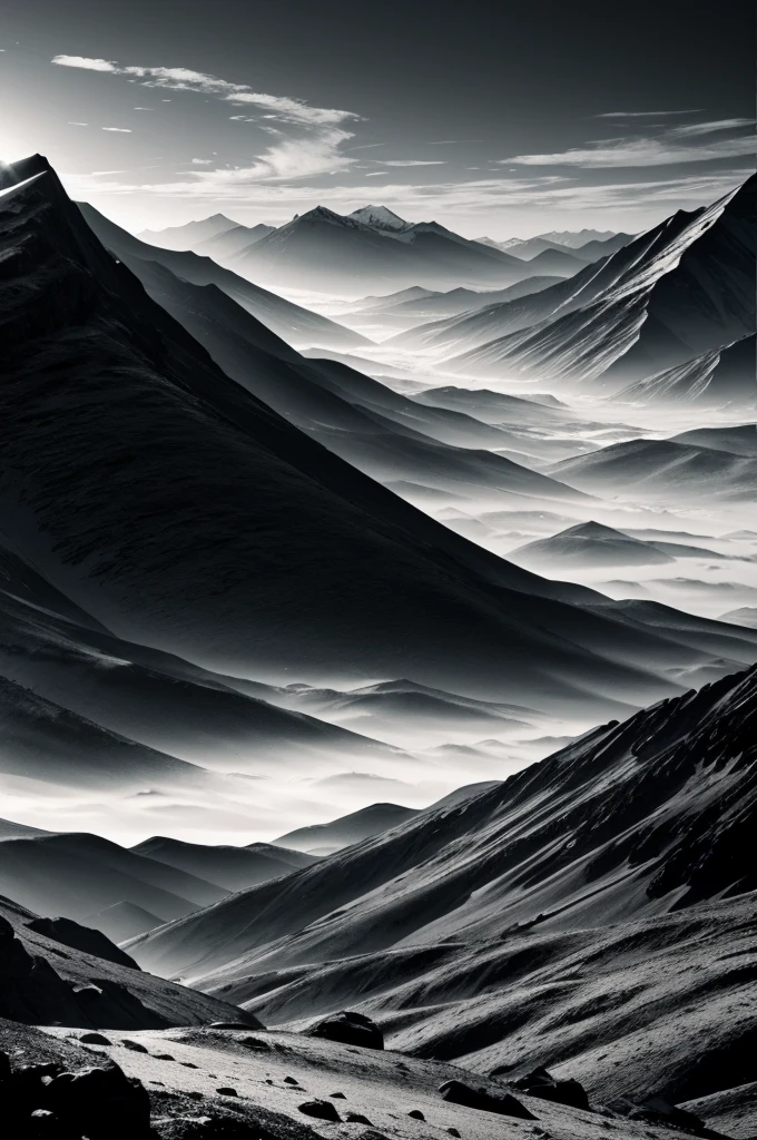 Dark mountains, wallpaper, illustration style, lanscape format, monochrome