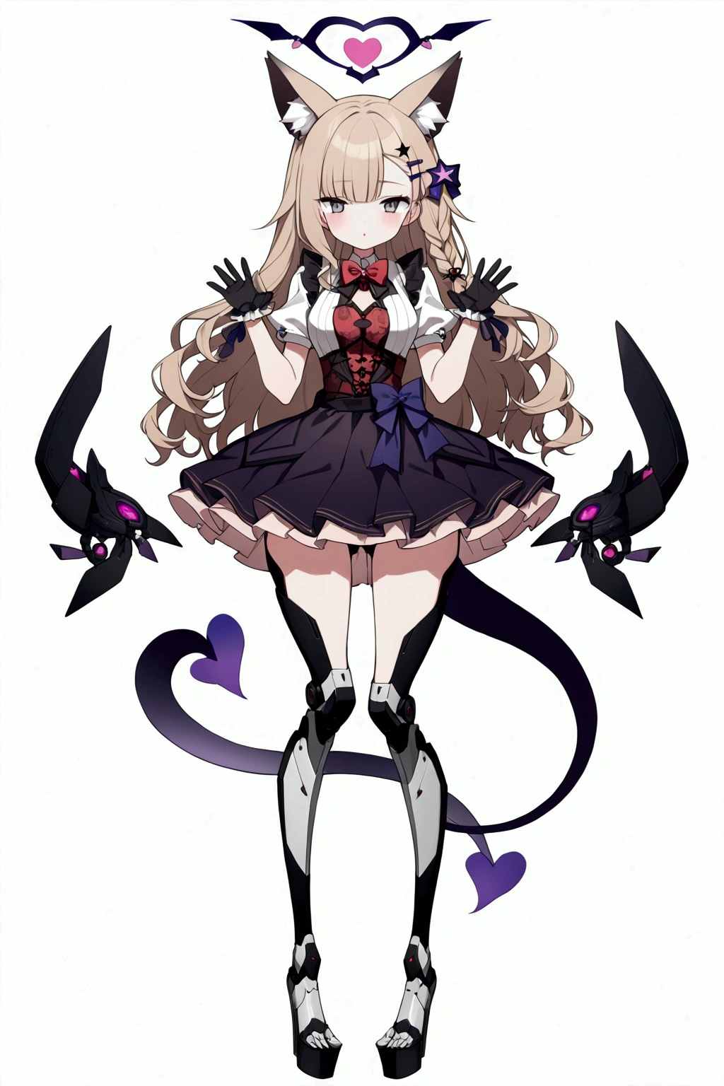 Woman 180cm tall, medium chest, wide hip, slim build, charming look, (dark blonde hair), ((hip length loose wavy hair, asymmetrical bangs, star hairpin)), (a short braid on the left and right side of the hair tied with an elegant purple ribbon), (small ribbons at the back of the hair), ((Gray eyes with a pink 4-pointed star in the pupil)), (two black fox ears located on the top of the head), (luminous black halo in the shape of a 4-pointed star on the head), ((It has a small black succubus tail that ends in the shape of a heart)), (((He has complex futuristic mechanical legs and feet that reach up to his thighs., The legs and feet are dark gray with small burgundy and black details.))), (elegant thigh-length one-piece dress, small Vinotinto bowtie on the neck of the dress, white bust with vertical black lines, lace and ruffle skirt, short sleeves with ruffles, big bow on the back of the hip of the dress, ribbon decorations and star patterns on the dress), black ruffled gloves, Black platform heels, gray belt at the waist with a large ribbon with a luminous pink heart in the middle, black necklace with a heart pendant on the neck, (((character design sheet: front view))), ((whole body)), extremely detailed beautiful hair, beautiful detailed dress, extremely detailed arms, extremely detailed face, (Extremely detailed hands), perfect hands, small face, Beautiful detailed eyes, beautiful detailed lips, adorable, extremely detailed legs, (Best Quality, 8k, high resolution), ultra detailed, Exquisite and epic character art, ((White background)), (Focus on symmetry), (beautiful detailed succubus tail).
