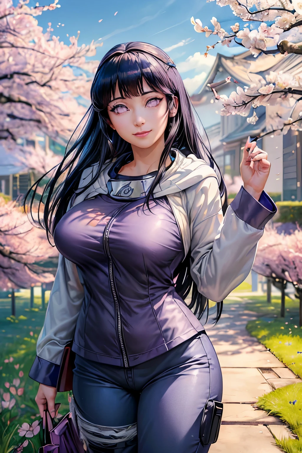 (masterpiece, Highest quality:1.3), (Super detailed:1.4),(Super detailed顔:1.2),(Super detailed目:1.2), (hyperRealistic:1.3), (RAW Photos:1.2), High-definition RAW color photos, Professional photos, (PhotoRealistic:1.4), (Realistic:1.4),8k,Professional Lighting, Perfect Anatomy, BREAK,(Big Breasts:1.4),blush,(Bright smile:1.2),(Hyuuga Hinata\(cosplay\):1.3), High detail, Sharp focus, dramatic,dutch angle,Sparkling,Ray Tracing, sharp eyelash, ((eyelash)), mascara, (Playmate pose:1.1), (whole body:1.1),Long Hair, Black Hair, BREAK, (Light purple eyes:1.3), (pants:1.2), Hooded sweatshirt with zipper, bangs, Long sleeve,(grassland:1.4), (wood:1.2), (Cherry Blossom:1.3), (blue sky:1.3), (sun),