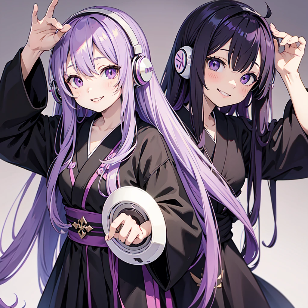 Anime girl with long purple hair and black robe. Pointy ears. Cute as in manga. Headphones. Front facing, smile