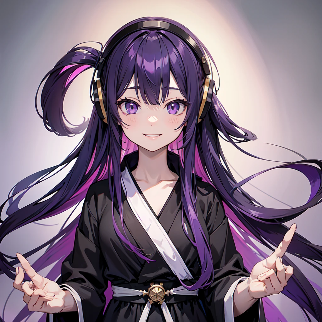 Anime girl with long purple hair and black robe. Pointy ears. Cute as in manga. Headphones. Front facing, smile