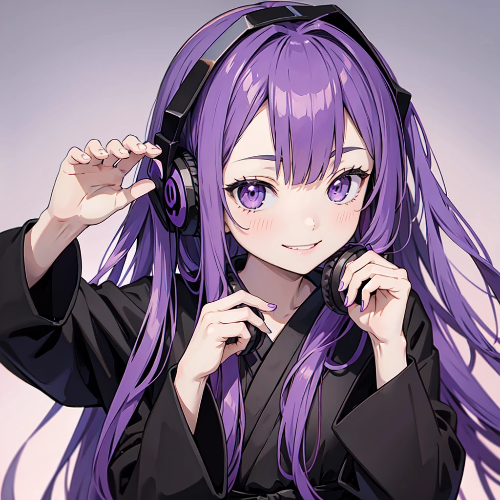 Anime girl with long purple hair and black robe. Pointy ears. Cute as in manga. Headphones. Front facing, smile
