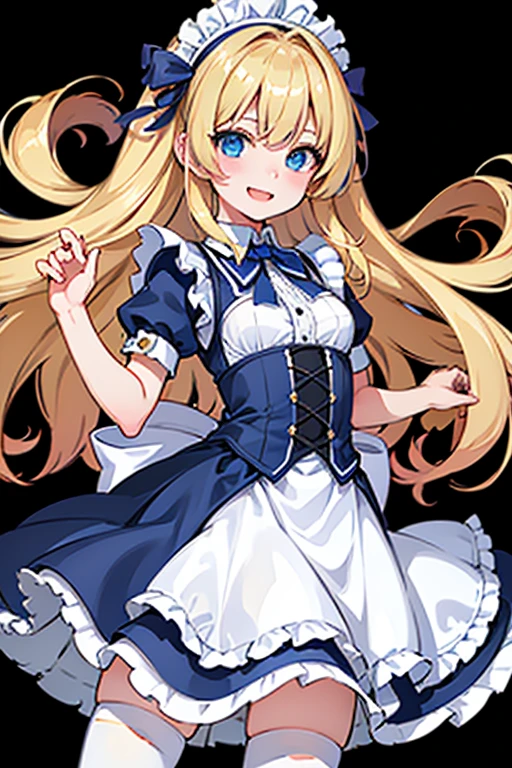 ((Highest quality)), ((masterpiece)), (detailed), (Perfect Face), (detailedなイラスト), (Ultra-high resolution), Perfect Anatomy, girl, The best smile, cute, Blonde, Small breasts, Black and white maid outfit, Blue ribbon, White apron, Gothic maid outfit, Long, balance ballの上に座っている, Light background, balance ball