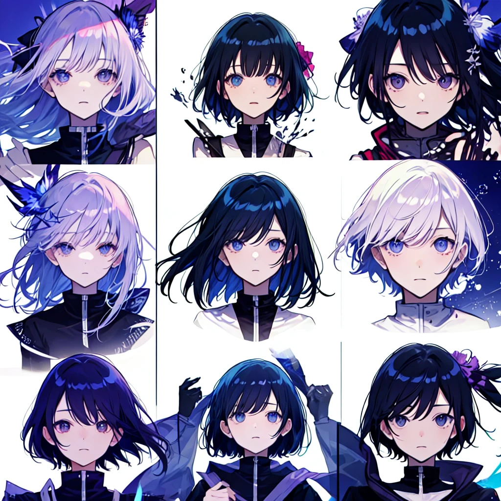 make a image in a a grid of nine panels, like a sprite sheet, in images have to be a anime girl portrait, same girl in all panels, As the sequence progresses, the character's hair becomes increasingly disheveled and animated, suggesting movement or wind action