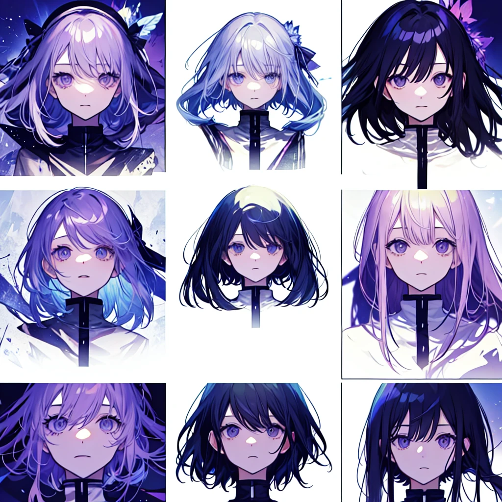 make a image in a a grid of nine panels, like a sprite sheet, in images have to be a anime girl portrait, same girl in all panels, As the sequence progresses, the character's hair becomes increasingly disheveled and animated, suggesting movement or wind action