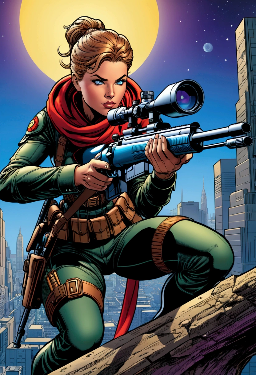 aiming Sniper, by Arthur Adams, comic style, full body, cinematic still, (best quality, masterpiece), very aesthetic, perfect composition, intricate details, ultra-detailed, vivid colors