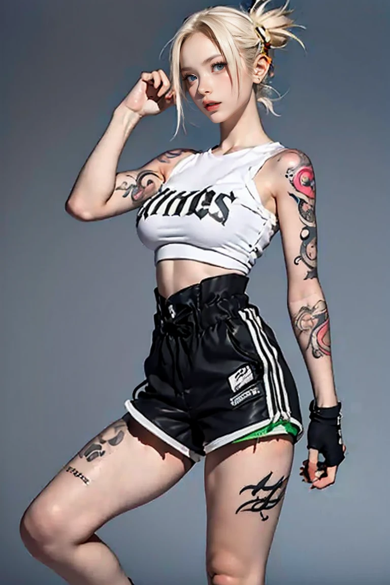 (Browsing Caution:0.7), Perfect Style, Beautiful Face, Highly detailed face and skin texture, (Maximum resolution: 1.2), 1 female,Hip Up, jewelry, (((He has many tattoos all over his body)), Streetwear, (((Tight shorts))), blonde, ,sneakers, (((Tight waist))), ((Big Breasts)),(See through)