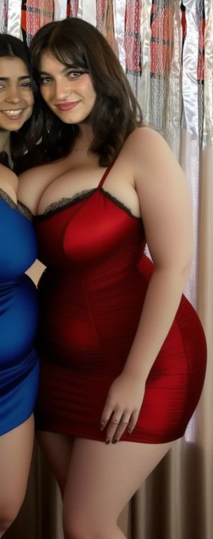 woman in dresses posing for a picture in front of a curtain, wearing a red dress, wearing red dress, in a red dress, wearing red formal attire, wearing a formal dress, girl wears a red dress, red dress, wearing a red sundress, 1 , she is about 1 6 years oldold, Big tits, huge , no clothes, sexy, cute, wide hips, thick thighs, pear-shaped body, minimal clothes, thick, bbw, chubby stomach, thick nipples, nipple piercings, large areola, hard nipples, piercing through shirt, nipples hard through shirt, busty, major cleavage, naked, ripping through top,  spilling over sides, bra too tight, giant , dominatrix, dominatrix clothes, revealing clothes, ass so fat you can see it from the front, giant tits, huge ass, wide girl