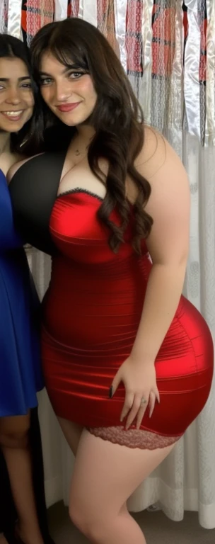 woman in dresses posing for a picture in front of a curtain, wearing a red dress, wearing red dress, in a red dress, wearing red formal attire, wearing a formal dress, girl wears a red dress, red dress, wearing a red sundress, 1 6 , she is about 1 6 years oldyears old, Big tits, huge , no clothes, sexy, cute, wide hips, thick thighs, pear-shaped body, minimal clothes, thick, bbw, chubby stomach, thick nipples, nipple piercings, large areola, hard nipples, piercing through shirt, nipples hard through shirt, busty, major cleavage, naked, ripping through top, spilling over sides, bra too tight, giant , dominatrix, dominatrix clothes, revealing clothes, ass so fat you can see it from the front, giant tits, huge ass, wide girl