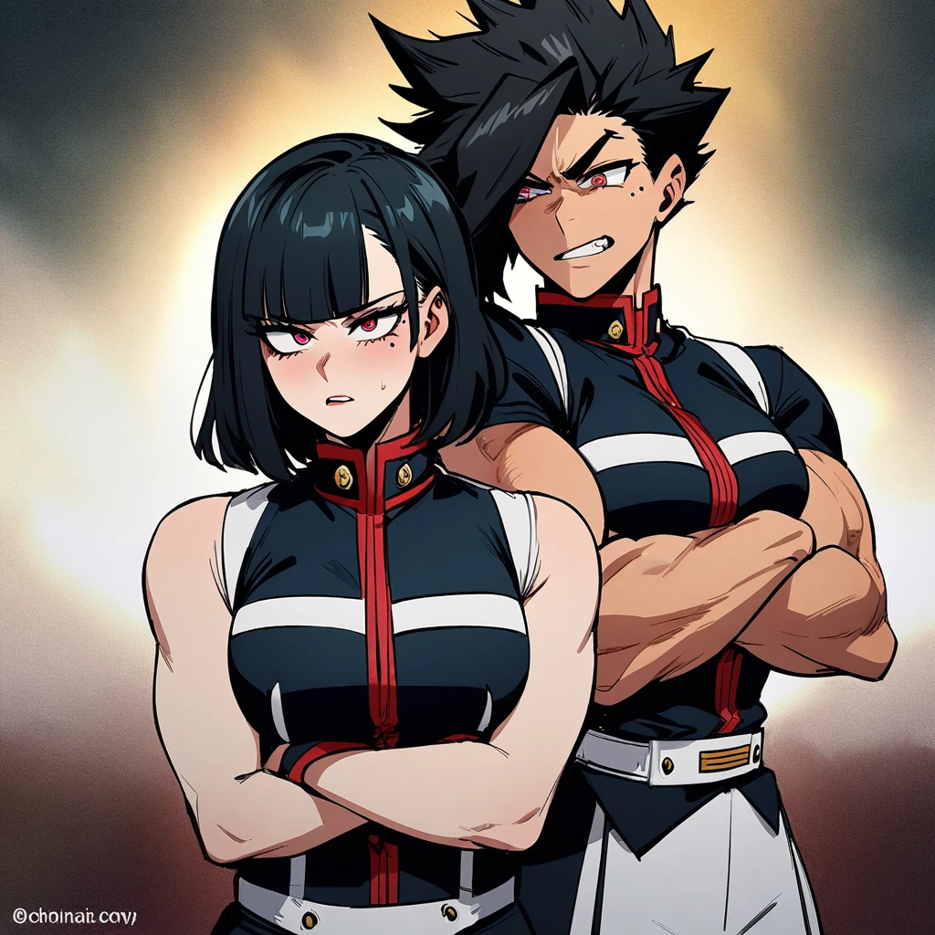 my hero academia uniform, siren eyes, dark red eye color, muscular arms, long jet black hair with bangs, arms crossed, lesbian, dominant, Mole Under Eye, Devil Pupils, Tsundere, faded scare over right eye, tall, nonchalant, 1girl,