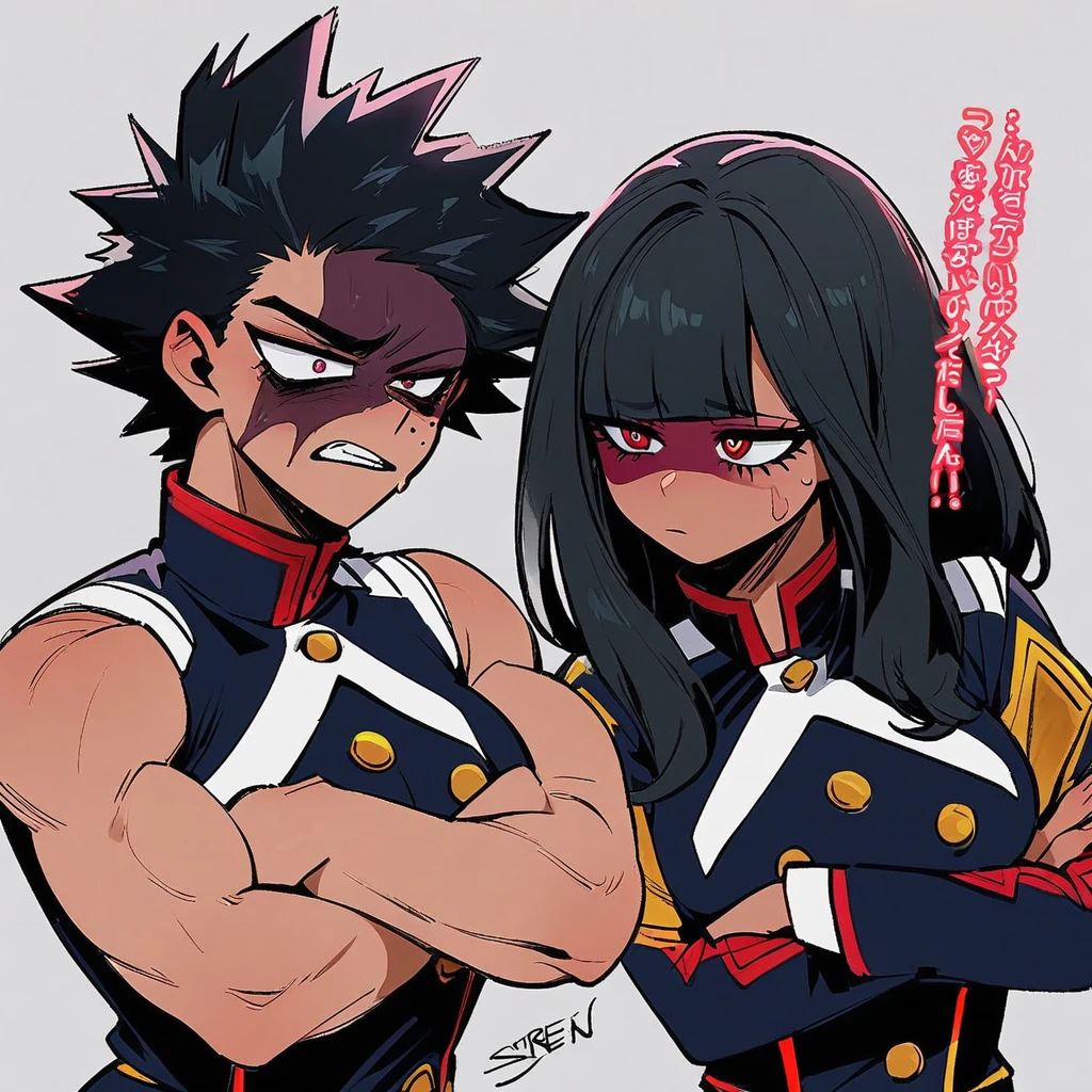 my hero academia uniform, siren eyes, dark red eye color, muscular arms, long jet black hair with bangs, arms crossed, lesbian, dominant, Mole Under Eye, Devil Pupils, Tsundere, faded scare over right eye, tall, nonchalant, 1girl,