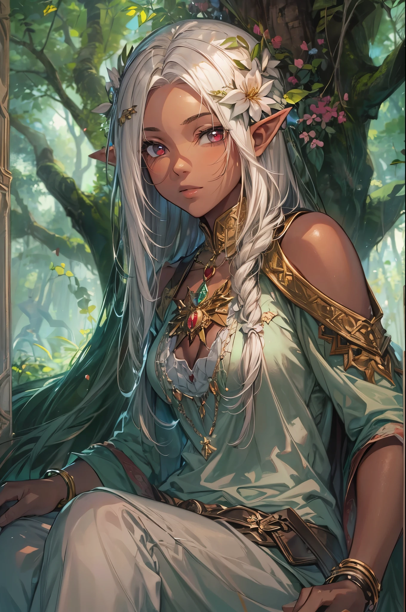 (8k, super details, award winning, high res); anime illustration; two elf girls; (One with long silver hair, dark skin red eyes), BREAK, (The other with short golden hair, blue eyes, fair skin, in a green tunic); sitting side by side; Set in a magical forest with glowing flowers and ancient trees; SimpleNegativeV3