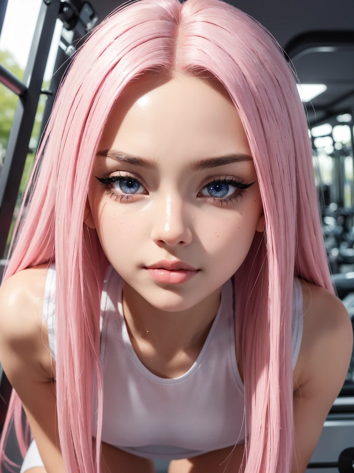 (best quality, masterpiece:1.2), photorealistic, ultra high res, (beautiful detailed eyes:1.3), reflections in eyes, symmetrical eyes, (beautifully detailed face:1.3), detailed lips:1, detailed iris, detailed skin:1, absurdres, dynamic angle, seductive pose, (tight sexy gym  outfit:1.3), (1girl, skinny, most beautiful, cute, (gorgeous face:1.3), eyeliner, blush,  big lips:1.9, long pink  hair, silver eyes, slim waist, narrow shoulders, short torso, soft thighs), nature  scene, 