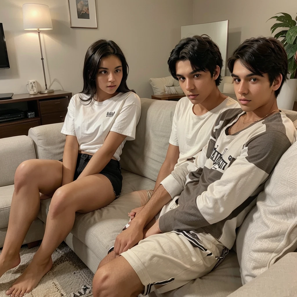 Create a 20 year old boy with black hair, brown eyes and white skin, a 19 year old girl with black hair, brown eyes and dark skin, and a 21 year old boy with brown hair, brown eyes and white skin sitting on the living room sofa watching a movie at night