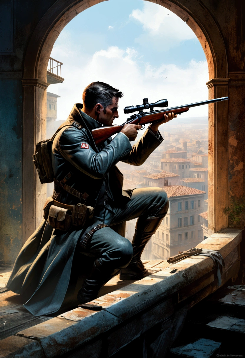 aiming Sniper, by Gabriele Dell'Otto, comic style, full body, cinematic still, (best quality, masterpiece), very aesthetic, perfect composition, intricate details, ultra-detailed, vivid colors