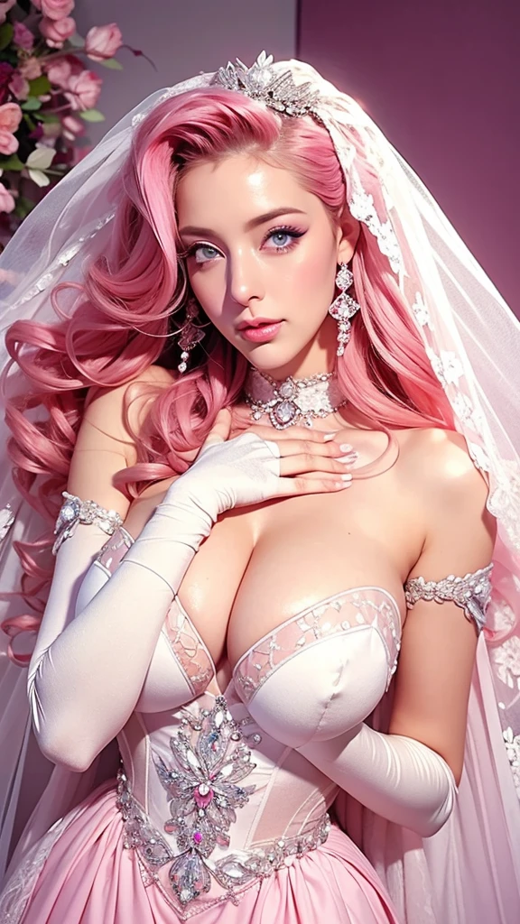 chedevr，Ultra photorealistic，hyperdetailing，exact body structure，ultra - detailed，1 girl，cute face，Delicate makeup（heavy makeup）， figure，big breasts, semi-leaky，Dressed in pink and white sex wedding dress, decorated with accessories and earrings.，Cute action，cat&#39;s ears，high heels，lace suspenders，full body detail，Full length photo，dark background，