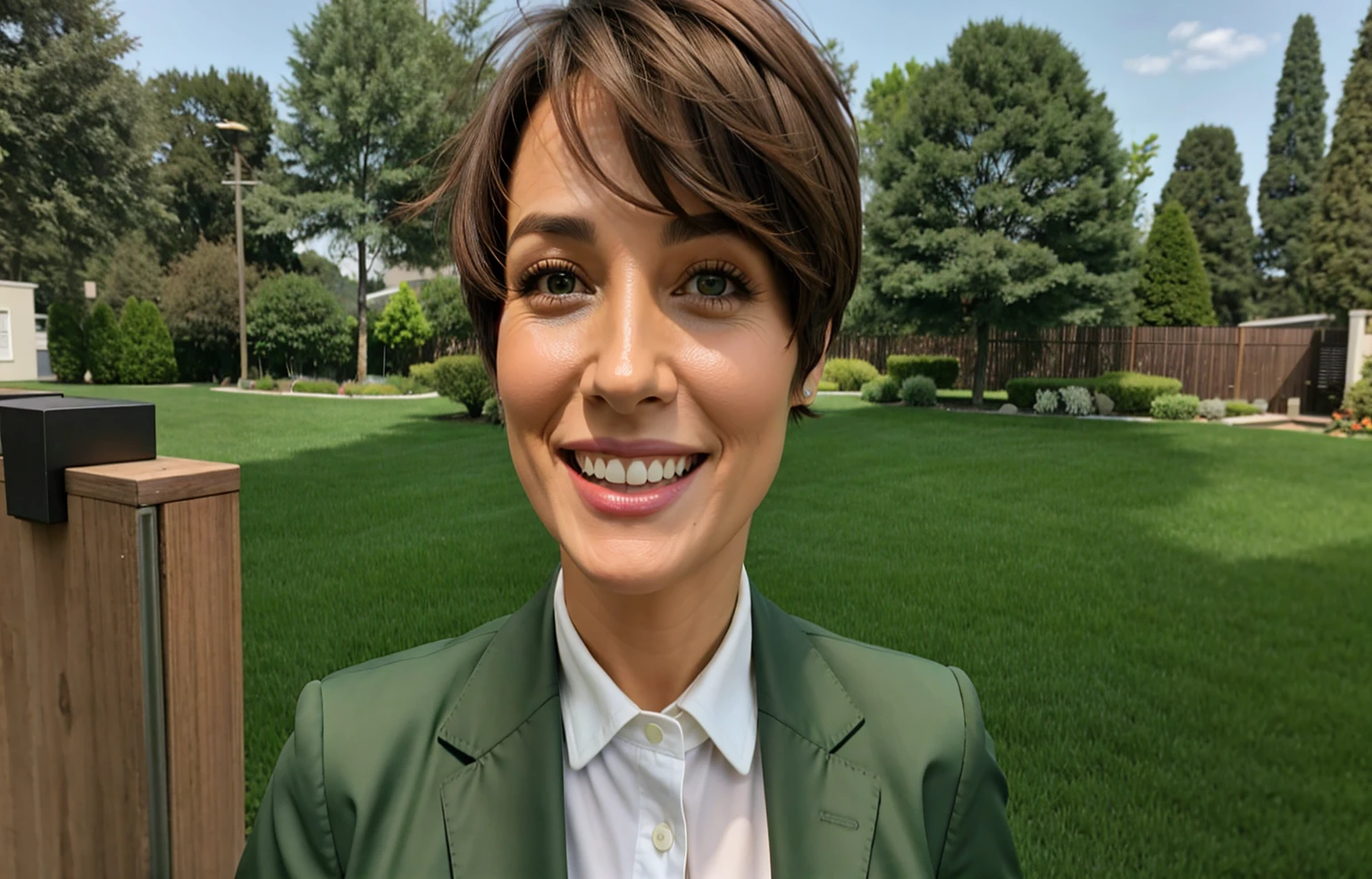 1woman, short brown hair, brown eyes, wearing green blazer over a brown vest with white collared shirt, smiling, 40 years old, Pixie Long