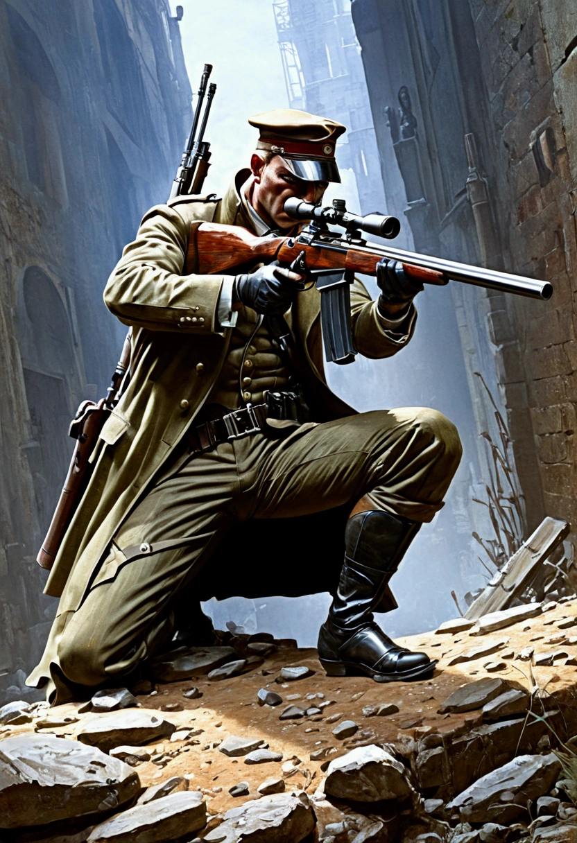 aiming Sniper, by Phil Jimenez, comic style, full body, cinematic still, (best quality, masterpiece), very aesthetic, perfect composition, intricate details, ultra-detailed, vivid colors