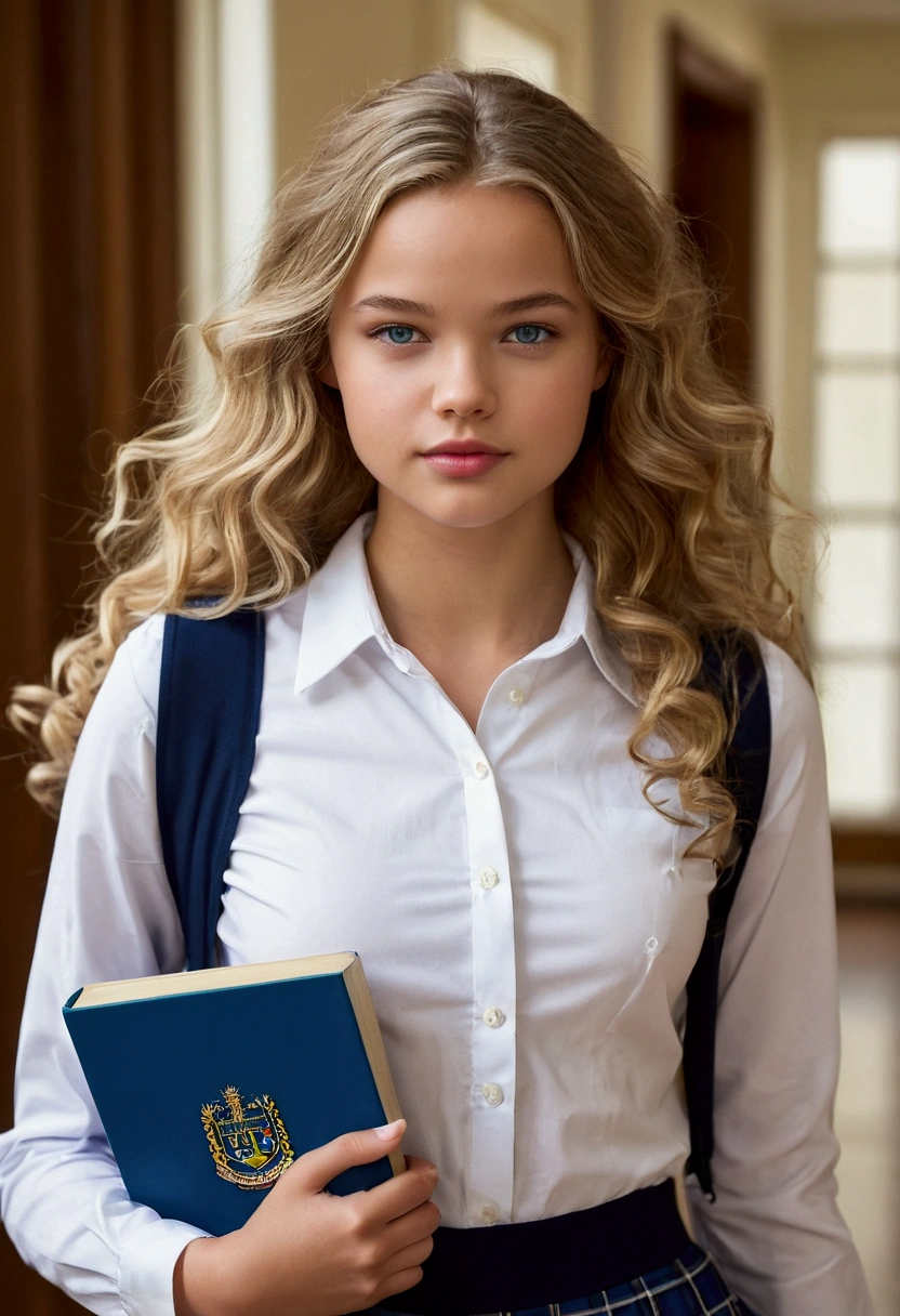 1 girl look like “kristiana pimenova” pretty American and Brazil mixed white girl, 21 years old young natural, beauty, round clear blue eyes, gorgeous girl, glossy round wide lips, small slim nose, small face, realistic skin details, texture skin, long light blonde hair in a slick loose curls, slim figure, tone natural body, wide hips, small waist curvy, wearing a prestigious, high class uniform at a private school in the UK holding books in her hand, walking down the hall,