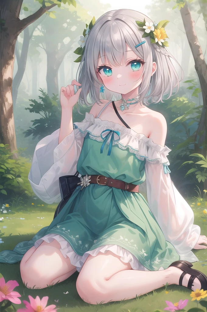 (masterpiece, best quality), hyperdetailed, clean lines, one girl,15 years old, blush, ash_hair, (Silver_hair:1.3), thin hair clip, cyan colorshift eyes, expressive eyes, collarbone, smile, morning, sunshine, ((full shot)), wariza, fairy style。The mint green tunic dress is made of light chiffon material.、Lace detailing on sleeves and hem。There is a delicate wing accessory on the shoulder.、A flower garland belt is worn around the waist.。Flat shoes are also in pastel colors.、The base is decorated with small flowers.。In the background is a fantastic forest landscape.。