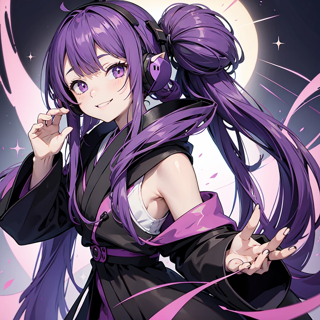 Anime girl with long purple hair and black robe. Pointy ears. Cute as in manga. Headphones. Front facing, smile