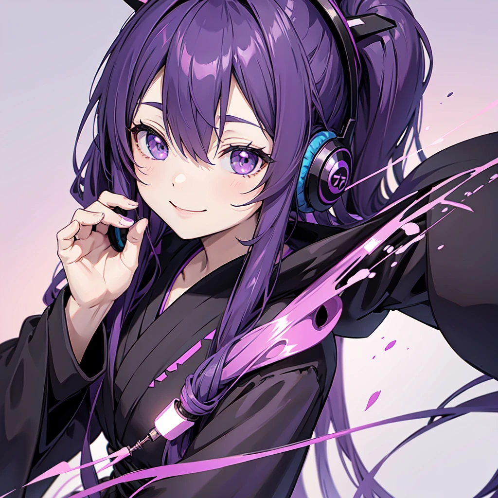 Anime girl with long purple hair and black robe. Pointy ears. Cute as in manga. Headphones. Front facing, smile