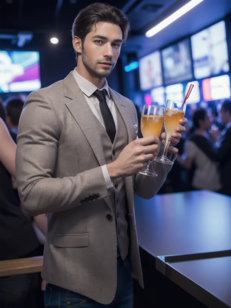 a handsome man carry a glass of Visky in the night club