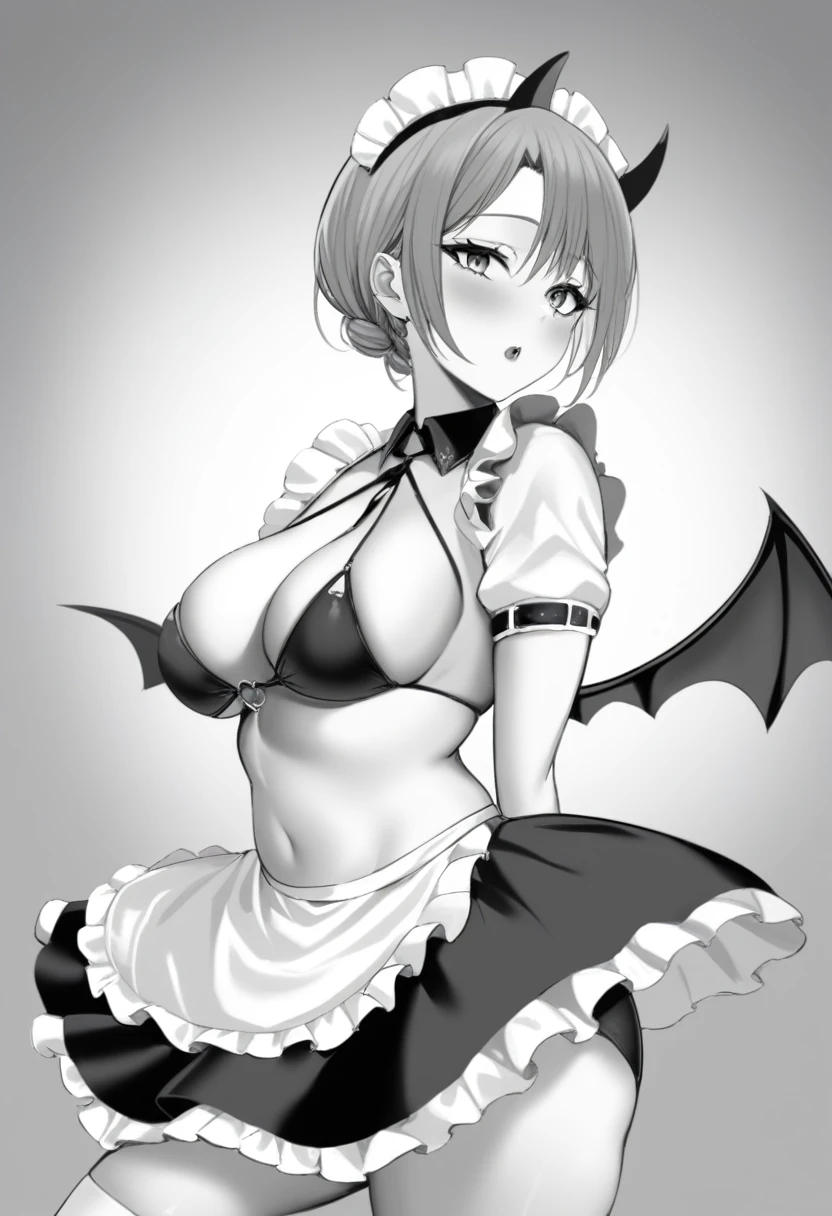 A beautiful woman,Beautiful breasts,Moe,Succubus,bat wings on the back,,Goat horns on the sides of the head,Black and white striped front tie bikini top,Ruffled apron dress,Headdress,Maid,Black and white striped knee socks