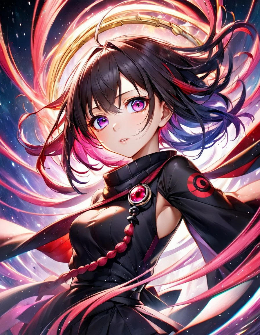In a mesmerizing cascade of color and light, an enchanting anime girl sexy hot all black stars candroites viewers with her ethereal beauty sarada Naruto Her delicate features are framed by cascading locks of shimmering long Arco íris hair, her wide, expressive eyes big Sharingan gold red radiating with emotion. A digital painting brings this stunning character to life, depicting her in intricate detail with a seamless blend of realism and fantasy. Every brushstroke and pixel showcases the artist's skill and dedication, making this image a
