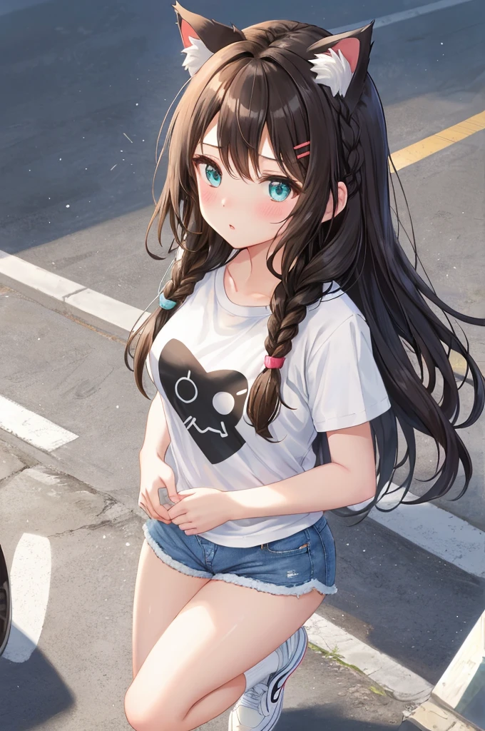 outdoor, park, wide angle, raining, NSFW, soaking wet, 1girl, POV, from above, standing, casual clothes, twintails, t-shirt, skirt, (skirt lifted),