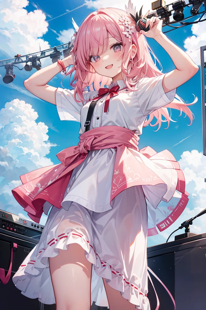 Coral pink hair，Long hair，hair over one eye，Gray eyes，feather hair ornament，cute，Girl，Smiling expression，Happy and happy expression，White short sleeve，White skirt，Clothes tied around the waist，Holding a guitar，Lead singer，There is a microphone，Happy singing，whole body，Don't show your arms，The background is the stage of the music festival，Blue sky and white clouds