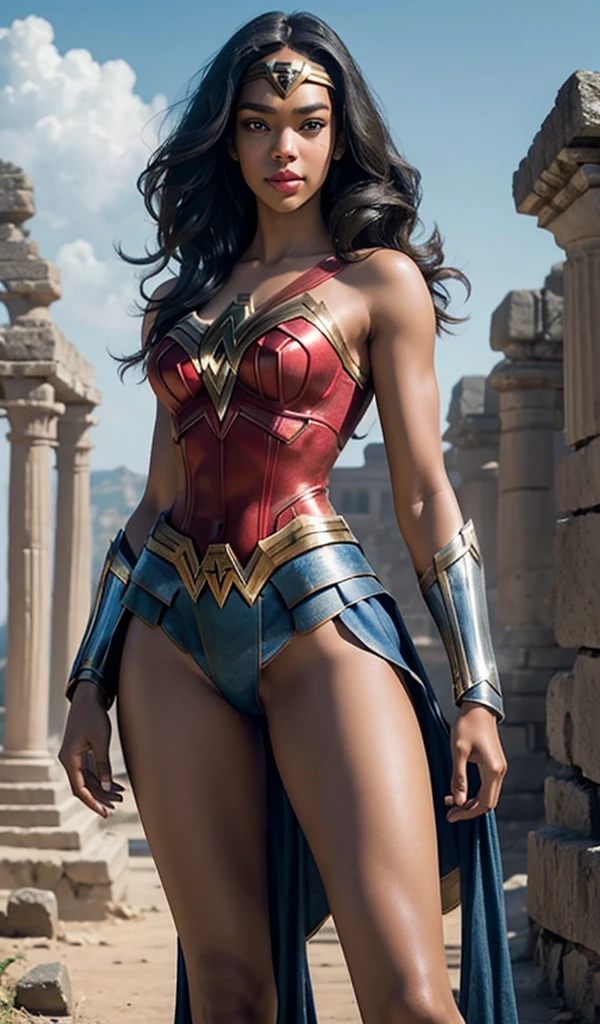 The actress Laura Harrier as the character Wonder Woman, extremely beautiful blue eyes, beautiful hair, incredible beautiful anatomy, smooth curves, perfect anatomy, underneath angle view, perfect smile, temple ruins in the background 