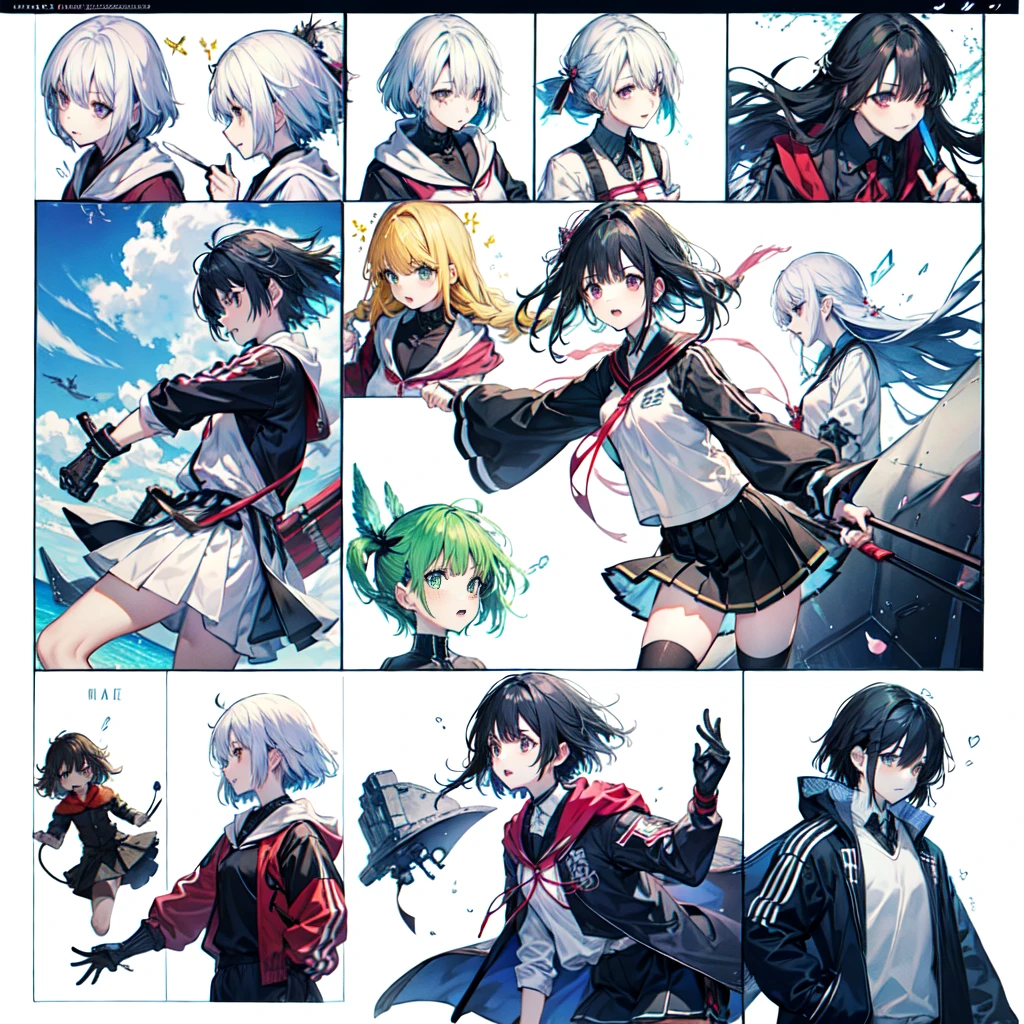 make a image in a a grid of nine panels, like a sprite sheet, in images have to be a anime girl portrait, same girl in all panels, As the sequence progresses, the character's hair becomes increasingly disheveled and animated, suggesting movement or wind action