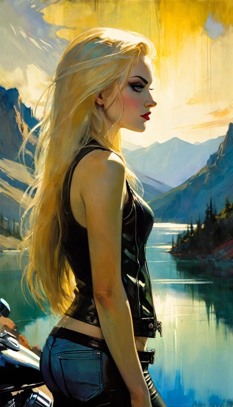 blonde girl with long hair,sexy, small breasts, rock look, radical girl, looking at a beautiful lake between mountains, chiaroscuro, sensual, mountain landscape, (art inspired by Bill Sienkiewicz). oil painting)