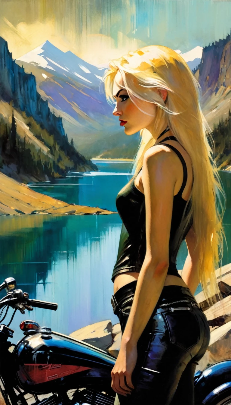 blonde girl with long hair, small breasts, biker look, radical girl, looking at a beautiful lake between mountains, parked motorcycle, chiaroscuro, sensual, mountain landscape, (art inspired by Bill Sienkiewicz). oil painting)