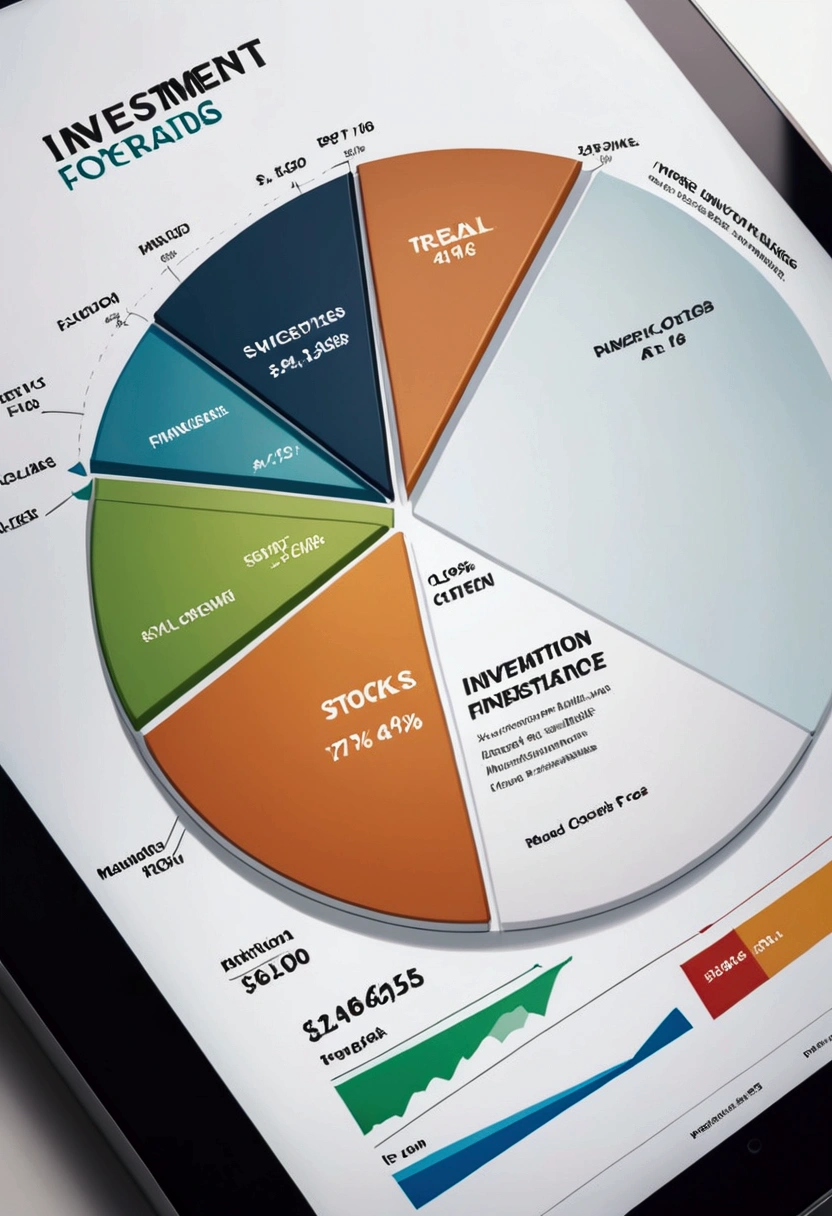 "An extreme close-up of a pie chart on a tablet, showing the diversification of an investment fund portfolio, with different segments labeled as fixed income, stocks, and real estate. --ar 16:9"