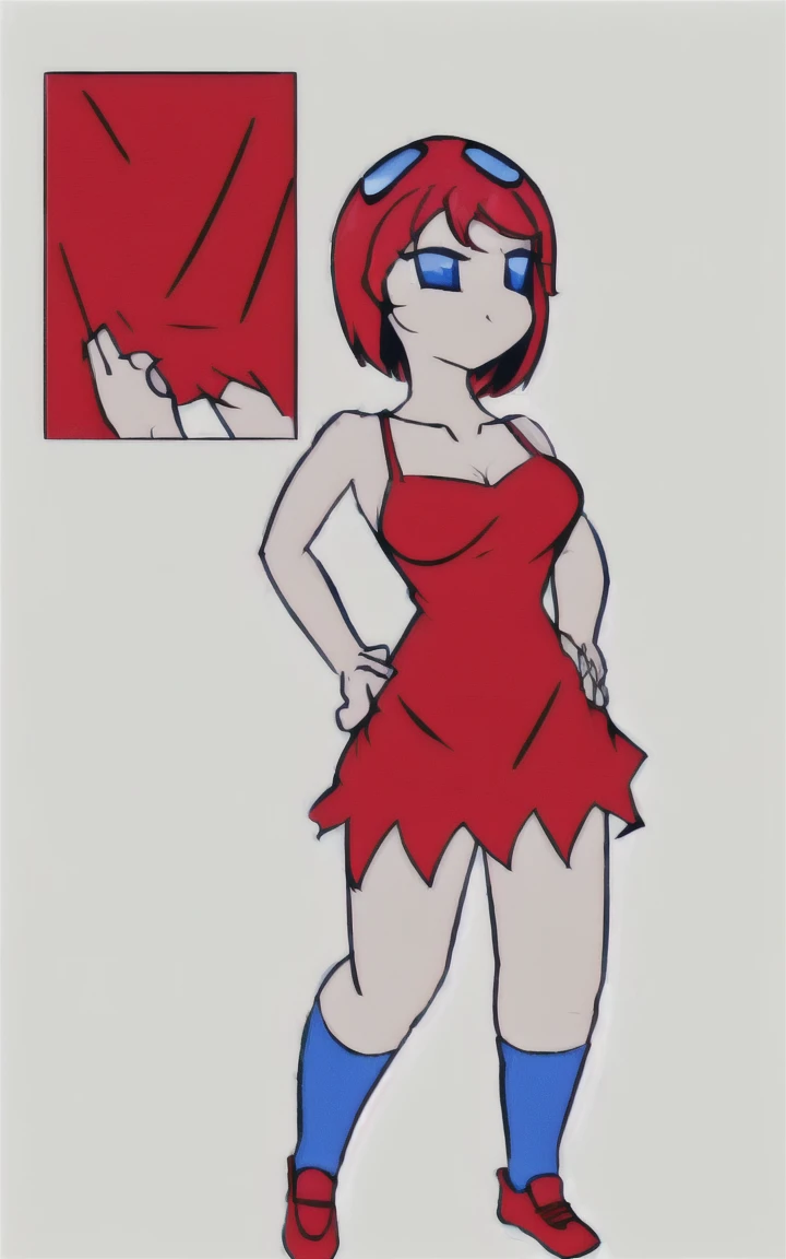 8k.4k,((Best Quality, Masterpiece, ultra high resolution)),((whole body)),standing,by Pixelsketcher,   dress, Blue eyes,Red hair, red dress, short hair,old,short dress,shoes,  red shoes, neckline, sleeveless dress,(Blue socks),human,hair ornament,White background,Alone,hands on the hips