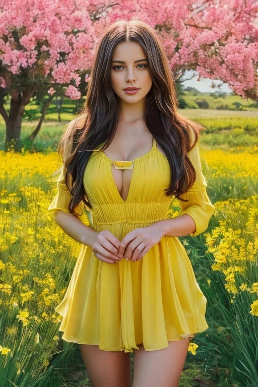 a woman in a yellow dress standing in a field of flowers, High quality 8K detailed art, beautiful and seductive woman, seductive portrait of tifa lockhart, alena aenami and germ of art, Beautiful lady, germ of art .
