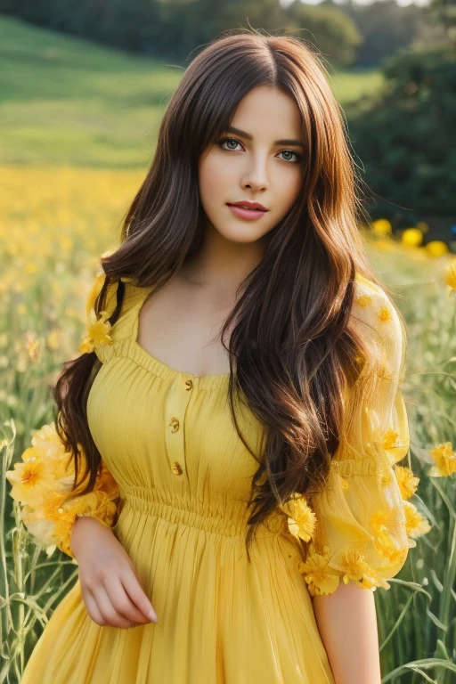 a woman in a yellow dress standing in a field of flowers, High quality 8K detailed art, beautiful and seductive woman, seductive portrait of tifa lockhart, alena aenami and germ of art, Beautiful lady, germ of art .