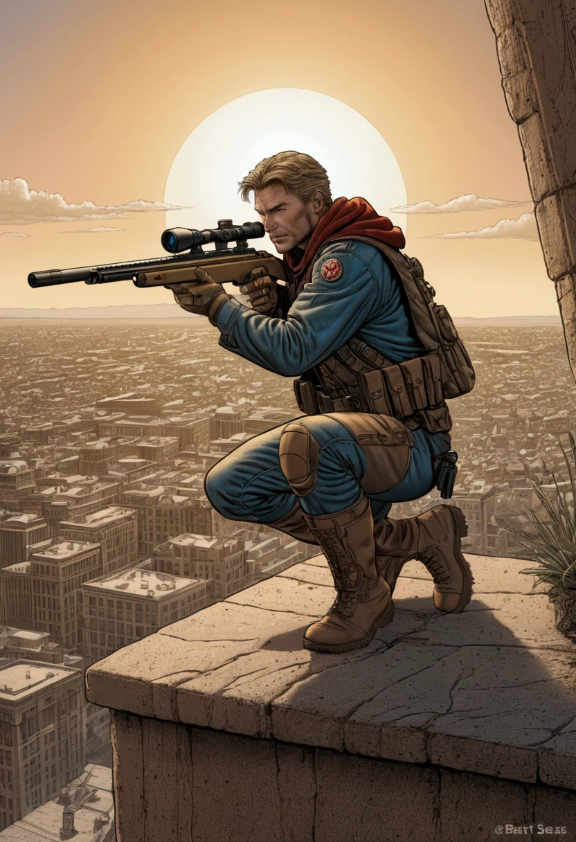 aiming Sniper, by Bart Sears, comic style, full body, cinematic still, (best quality, masterpiece), very aesthetic, perfect composition, intricate details, ultra-detailed, vivid colors