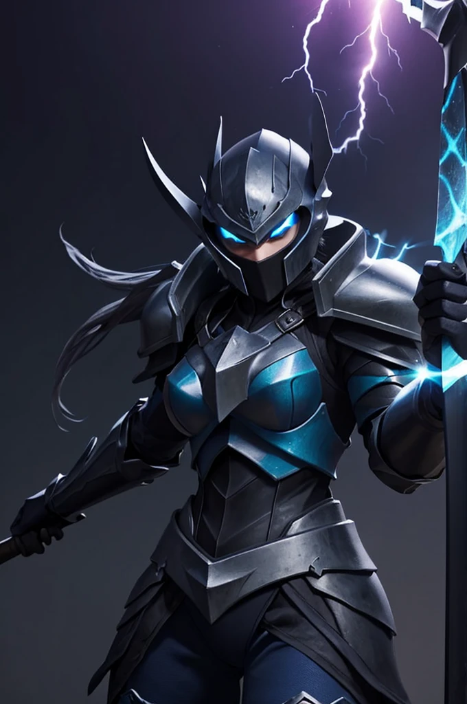 knightgirl, dark armor with blue flames, holding an ax decorated with lightning