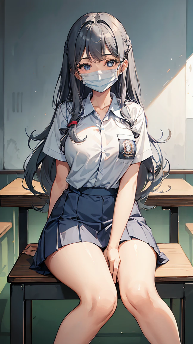 1 woman, , (long curls, grey hair), scared face expression, plump body, blue eyes, Indonesian high-school uniform, (smile:1.4), osis logo on shirt pocket, huge XL breasts, light-grey pleated skirt, sitting on a chair, seductive pose, full body shot, smiling, in the classroom, wearing a mask (white surgical mask, surgical mask fit his face:1.2).