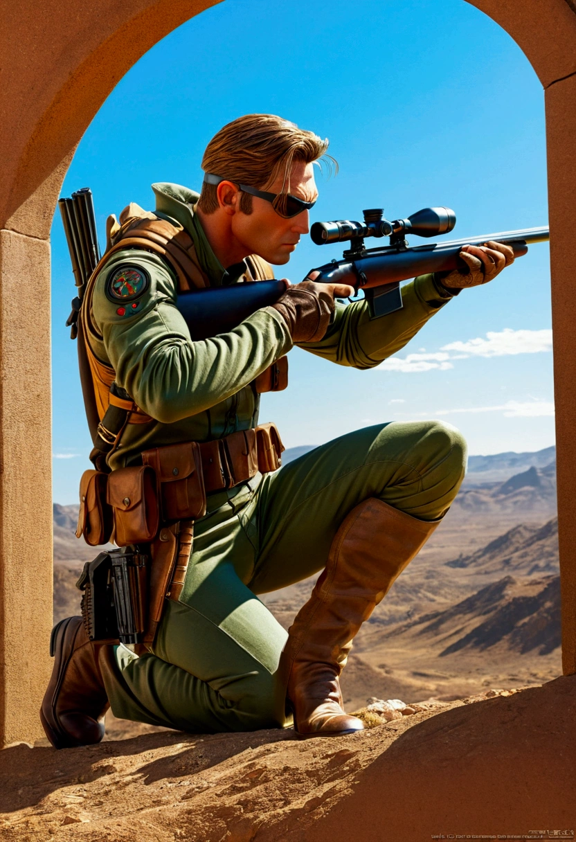 aiming Sniper, by Bart Sears, comic style, full body, cinematic still, (best quality, masterpiece), very aesthetic, perfect composition, intricate details, ultra-detailed, vivid colors