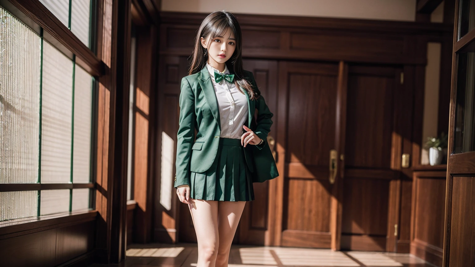 masterpiece, Highest quality, One girl, alone, Nahida_Genshin Impact, Cruciform pupil, , Green tie, blazer, Pleated skirt, Green Cape, Are standing