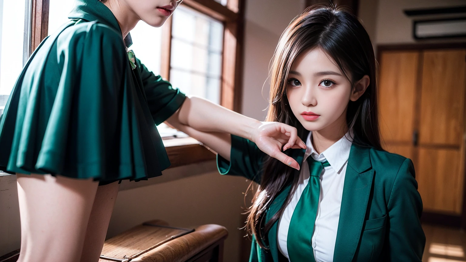 masterpiece, Highest quality, One girl, alone, Nahida_Genshin Impact, Cruciform pupil, , Green tie, blazer, Pleated skirt, Green Cape, Are standing